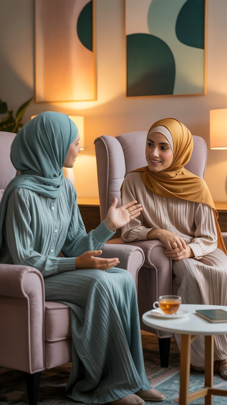 Muslim woman in a warm, calm counselling setting